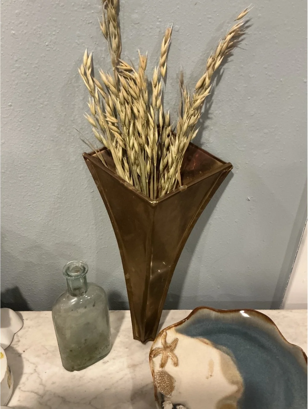 Vintage Brass Geometric Wall Pocket Vase Art Deco